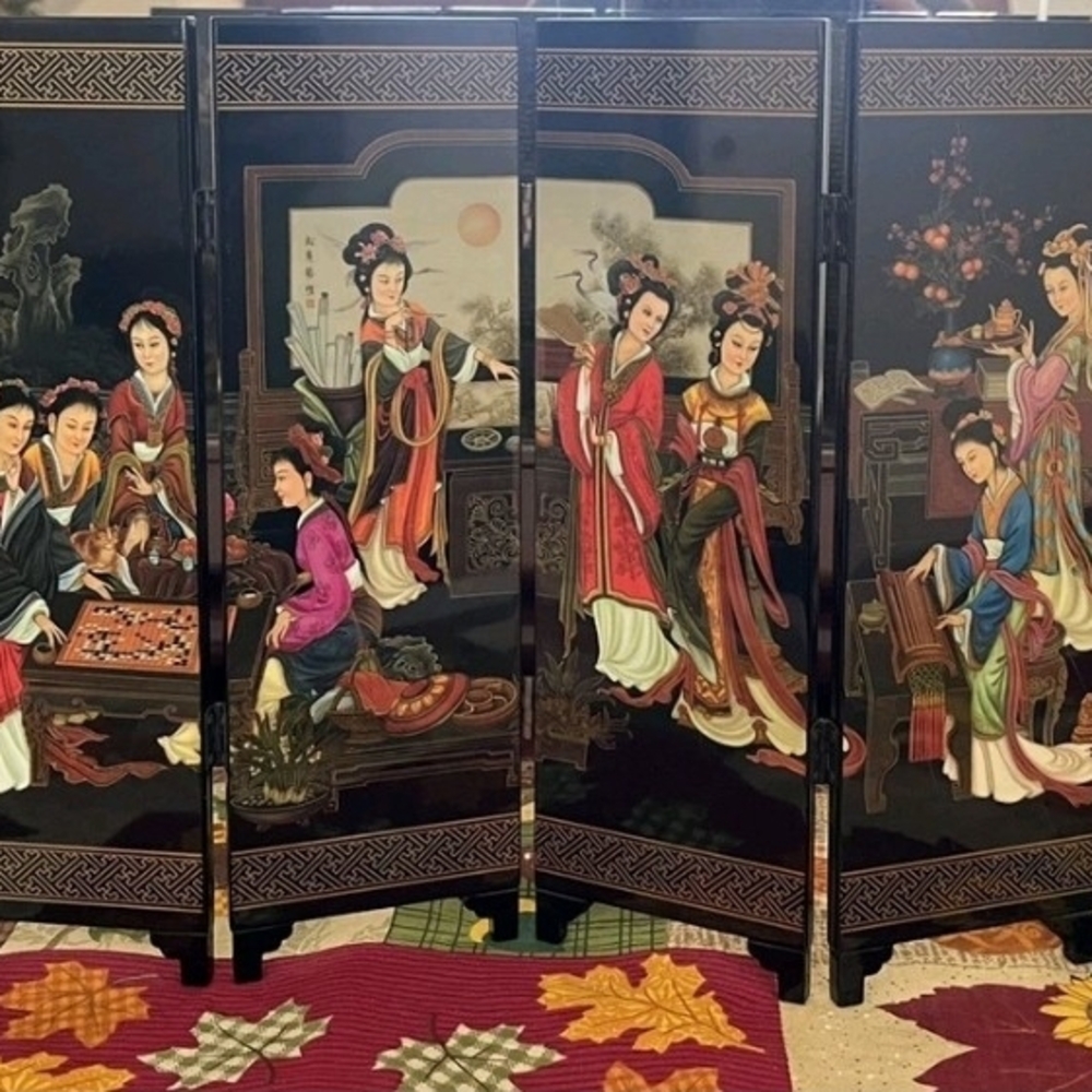 Elegant Asian Folding Screen with Colorful Figures
